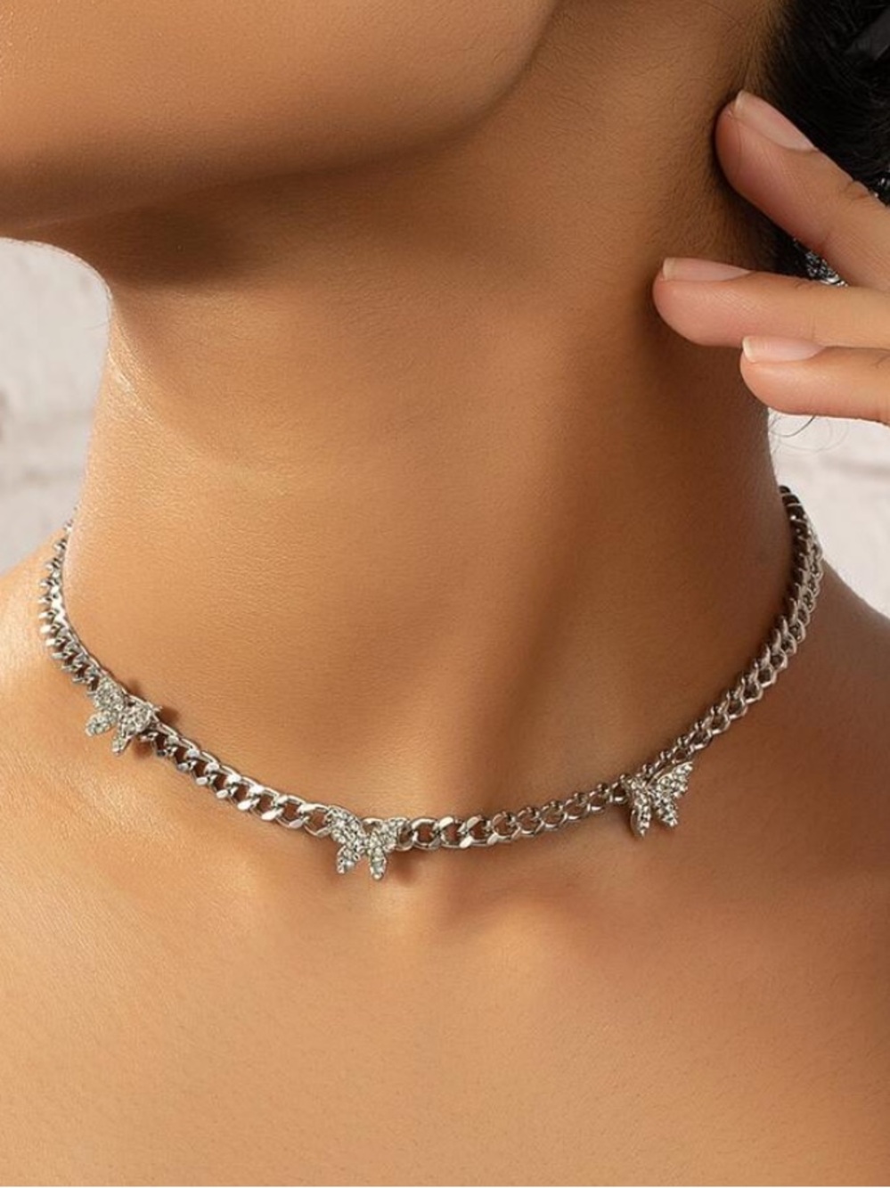 Silver Butterfly Charm Chain Choker Necklace